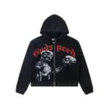 Washed black zip-up hoodie featuring gothic lettering and cyborg skull graphic detail. - S / Tops / Washed Black