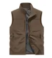 Men's Casual Brown Stand Collar Vest Breathable Mesh Lining Outdoor Sports Top Apparel - Coffee