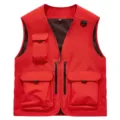 Men red multi-pocket cargo vest for fishing photography outdoor workwear casual apparel top - Red
