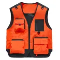 Orange and black multi-pocket photography work vest with breathable mesh and tactical d-rings for outdoor. - Orange