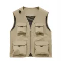 Men's casual outdoor cargo vest with multi-pocket fishing sleeveless jacket in khaki. - Khaki