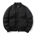 Men's black multi-pocket tactical bomber jacket, vintage cargo outerwear style for men. - M / Black