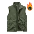 Men's winter fleece-lined thermal vest stand collar multi-pocket tactical jacket outdoor - Army Green