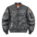 Men's military embroidery bomber jacket, spring casual stand collar loose outerwear. - M / Tops / Gray