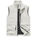 Men's casual outdoor multi-pocket stand collar vest jacket, breathable mesh lining, beige. - S / White