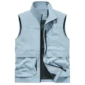 Light blue men's multi-pocket stand collar outdoor casual vest spring autumn jacket - S / Light Blue
