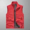 Men's red casual utility vest, sleeveless multi-pocket zip-up outerwear for spring and autumn. - Red