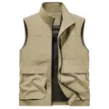 Men's Stand Collar Multi-Pocket Vest Spring Fall Casual Outdoor Photography Waistcoat - S / Khaki