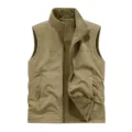 Men's Fleece Lined Reversible Vest Stand Collar Khaki Casual Outdoor Workwear Waistcoat - M / Khaki