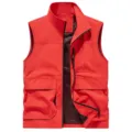 Men's casual stand collar multi-pocket vest spring autumn outdoor tactical red jacket - S / Red