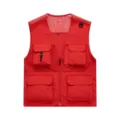 Red Multi-Pocket Mesh Workwear Vest Breathable Outdoor Casual Tactical Vest Size M - Red