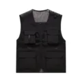 Black multi-pocket tactical utility vest, breathable mesh outdoor casual sleeveless jacket. - Black