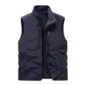 Men's fleece lined winter vest warm multi pocket outdoor gilet casual dark blue jacket - M / Navy Blue