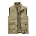 Men fleece lined tactical vest winter outdoor pocket warm zip sleeveless jacket khaki - M / Khaki