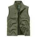 Army green tactical outdoor work vest with multiple zipper pockets and breathable mesh lining. - Army Green
