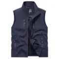 Men's outdoor multi-pocket vest tactical cargo waistcoat zip up fishing workwear jacket - Navy Blue