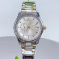 Men's quartz watch with two-tone metal strap, date window and 24-hour subdial for business style. - Two Tone White Dial