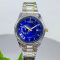 Detailed view of WOVE men quartz watch with blue dial and two tone steel strap design features. - Two Tone Blue Dial