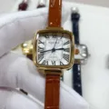 Montre quartz carrée rétro pour femme avec bracelet en cuir marron et chiffres romains. - Boîtier Or Cadran Blanc Bracelet Brun Clair