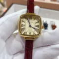 DIKE NICLE square vintage quartz women's watch with Roman numerals and red leather strap detail view - Gold Case Gold Dial Red Strap