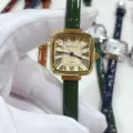 Vintage square quartz watch for women with dark green leather strap, elegant roman numerals. - Gold Case Gold Dial Green Strap