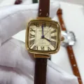 Montre femme vintage carrée avec bracelet en cuir marron et chiffres romains élégante. - Boîtier Or Cadran Or Bracelet Marron Foncé