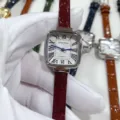 Square dial quartz watch for women with burgundy faux leather strap and roman numerals chic detail. - Silver Case White Dial Red Strap