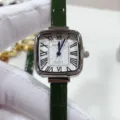 Square quartz women watch with white dial roman numerals and green leather strap elegant style - Silver Case White Dial Green Strap
