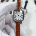 Elegant square quartz watch for women featuring brown leather strap and classic roman numerals. - Silver Case White Dial Light Brown Strap