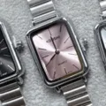 Reloj de cuarzo rectangular para mujer con correa metalica de moda estilo elegante. - Caja de Plata Esfera Rosa