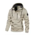 Men's casual hooded windbreaker jacket in light khaki, featuring zipper pockets and chest print. - XS / Khaki