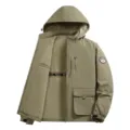 Men winter fleece hooded jacket casual khaki warm coat with multiple pockets and soft lining. - M / Thickened Khaki