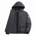 Men's winter fleece lined hooded jacket with multi pockets, casual tactical outerwear in gray. - M / Thickened Gray