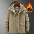 Men's winter fleece lined thick hooded jacket tactical multi-pocket outdoor coat khaki - Khaki Fleece Lined