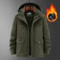 Men's winter fleece lined hooded tactical jacket with multi pockets for outdoor sports. - Army Green Fleece Lined