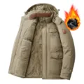 Men's winter fleece lined thick hooded jacket warm outdoor tactical winter outerwear. - M / Khaki