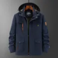 Men winter thickened hooded cargo jacket casual outdoor windproof multi pocket dark blue coat - M / Navy Blue Thin Mesh