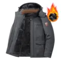 Men winter thick fleece hooded cotton coat warm winter parka jacket outdoor outerwear - M / Gray