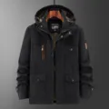 Men's winter thick fleece-lined multi-pocket tactical hooded jacket in classic black. - M / Black Thin Mesh