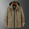Men's winter outdoor tactical hooded cargo jacket thick fleece multi-pocket windproof coat - M / Khaki Thin Mesh