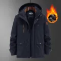 Men's winter thick fleece lined hooded tactical jacket with multi pockets for outdoor sports. - Black Fleece Lined