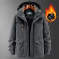 Men's winter thick fleece-lined hooded jacket with multiple pockets for outdoor use. - Grey Fleece-lined