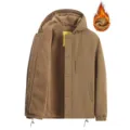 Men winter fleece lined hooded workwear jacket warm thick khaki casual outerwear clothing - M / Camel