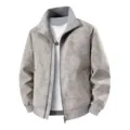Mens vintage suede jacket stand collar full zip casual windbreaker outerwear for spring. - S / Off White