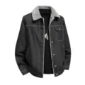 Winter Herren Jeansjacke mit Lammfellkragen, gefütterte dicke Denim Jacke in dunkelgrau. - M / Oberteile / Schwarz