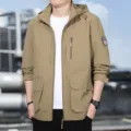 Men's Khaki Hooded Jacket Casual Multi-Pocket Zip Utility Outerwear Plus Size - Thin Khaki