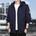 Men's Navy Blue Hooded Casual Jacket Outdoor Zip Up Coat with Multiple Pockets - Thin Navy Blue
