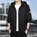 Men's black hooded jacket casual outerwear with zipper pockets and stylish sleeve patch design. - Thin Black