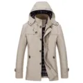 Men casual cotton washed mid-length hooded jacket windbreaker with plaid lining autumn winter - M / Light Khaki