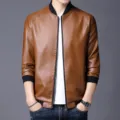 Men's brown stand-up collar faux leather jacket casual autumn outerwear for men - M / Tops / Orange